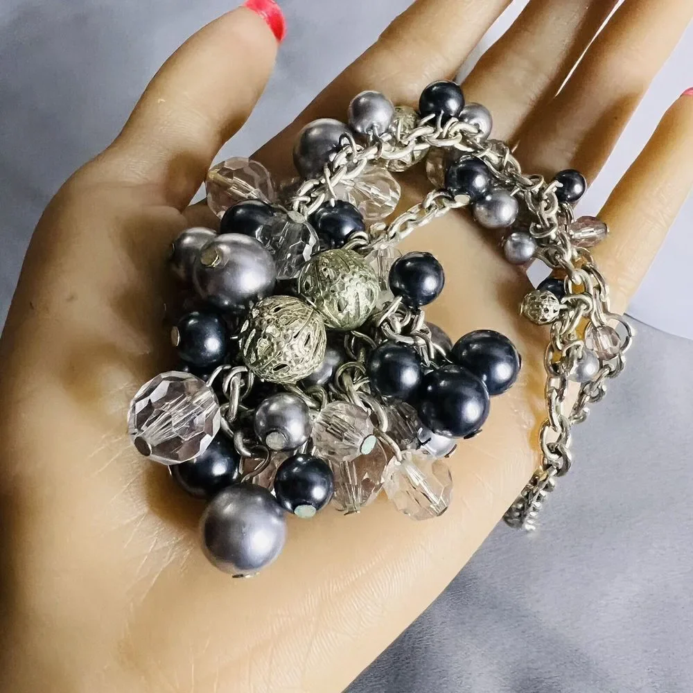 Premier Designs Bauble On Necklace Silver Plated Faux Pearl Filigree Beads